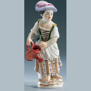 Gardener childr. Girl w.water can, Coloured, with gold, H 13 cm