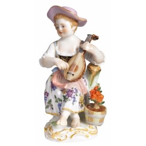 Gardener childr. Girl with lute, Coloured, with gold, H 12 cm