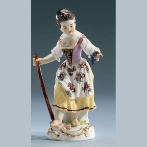 Gardener childr. Girl hoe&grapes, Coloured, with gold, H 15 cm