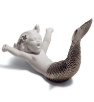 Walking Up at Sea Mermaid Figurine. Silver Lustre