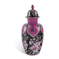 Vase with opulent oriental painting in purple, black and platinum